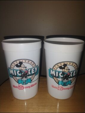 Vintage 60th Anniv Walt Disney World Mickey Souvenir Cups - White wTeal (Pair)